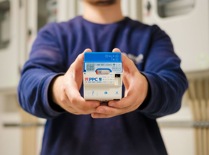 Person hält einen modernen Smart Meter Zähler mit blau-weißem Gehäuse in beiden Händen