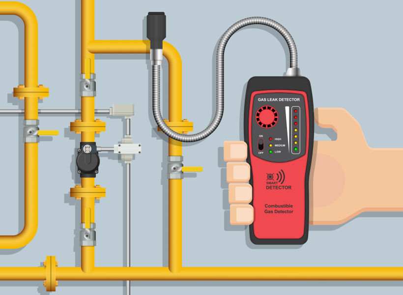 Die Illustration zeigt eine Gasanlage im Hausanschlussraum. Eine Hand hält ein Gasmessgerät.